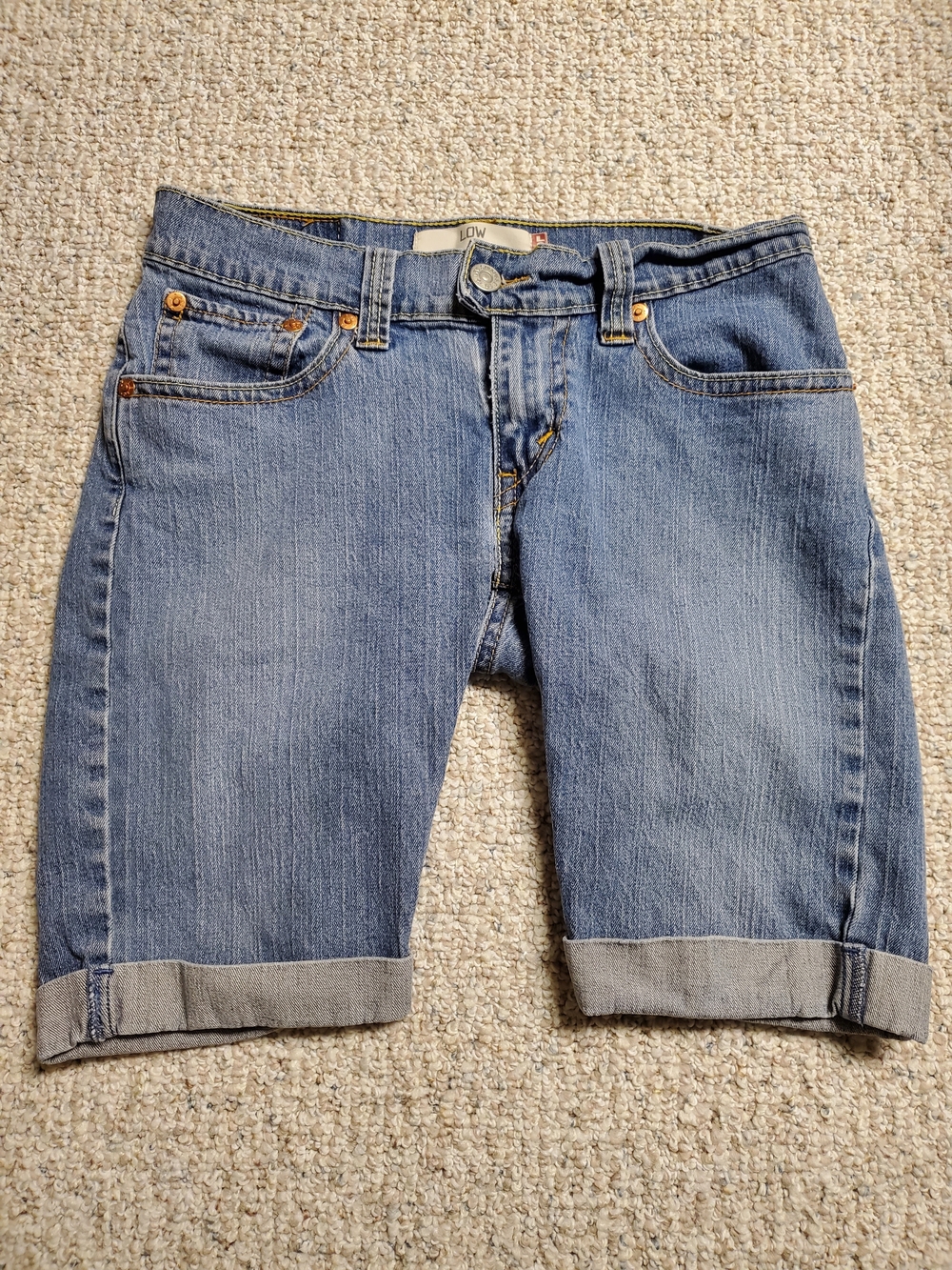 Levi's 502 Blue Denim Low-Rise Shorts with Yellow Topstitching